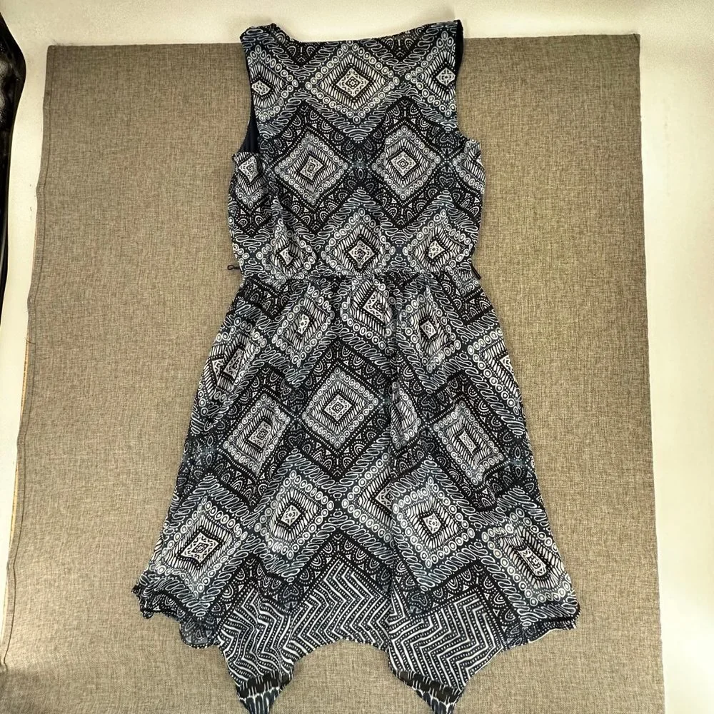 AB‎ Studio Asymmetrical Dress Medium Blue Sleeveless Sheer Print Overlay Lined